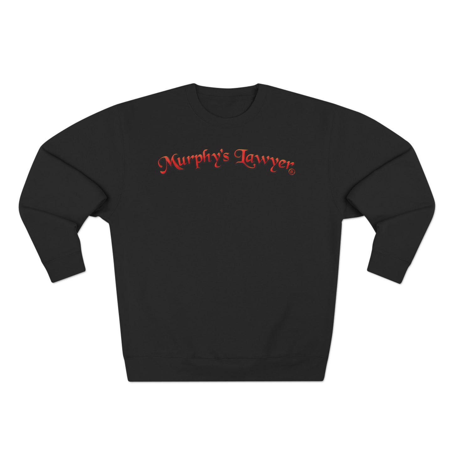 Murphy’s Lawyer® Black Crewneck Sweatshirt — Signature Crest Back, Red Wordmark Front