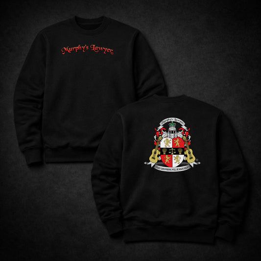 Murphy’s Lawyer® Black Crewneck Sweatshirt — Signature Crest Back, Red Wordmark Front