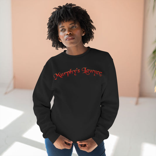 Murphy’s Lawyer® Black Crewneck Sweatshirt — Signature Crest Back, Red Wordmark Front
