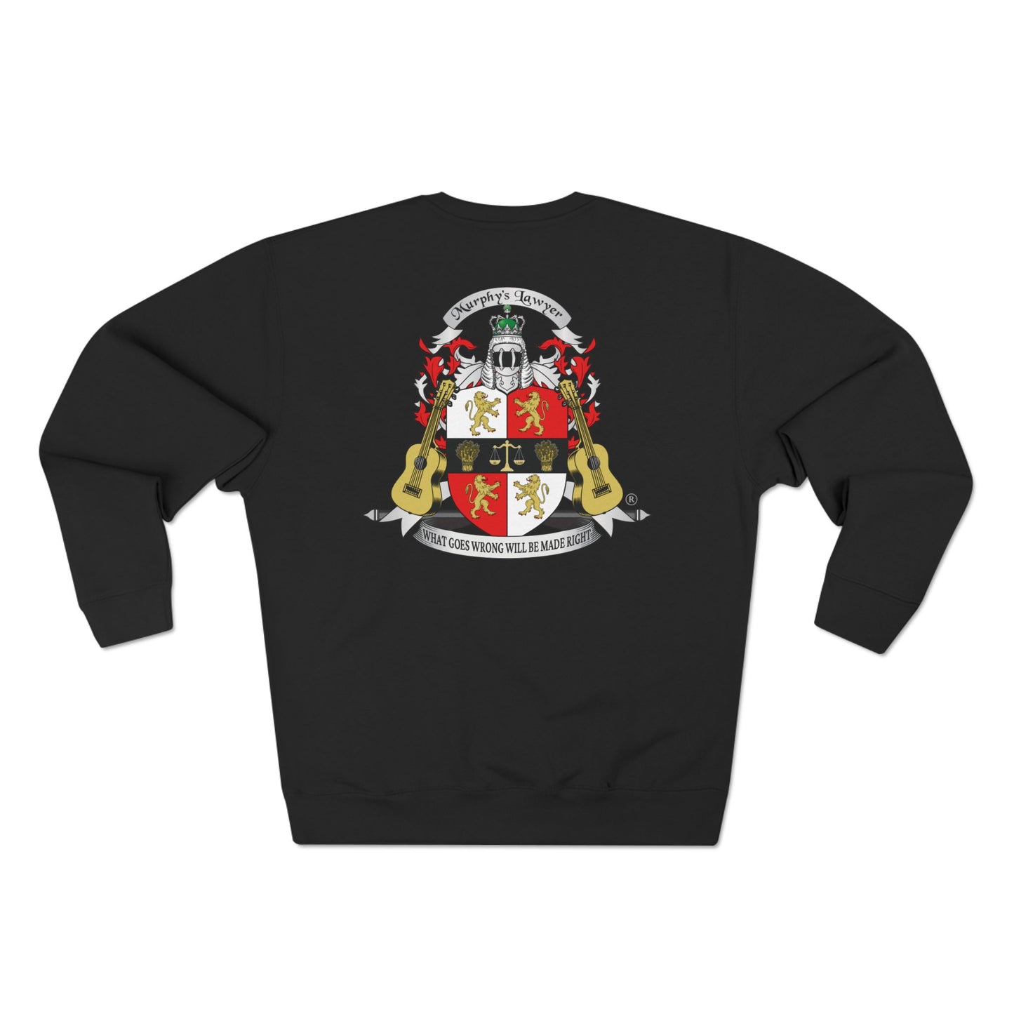 Murphy’s Lawyer® Black Crewneck Sweatshirt — Signature Crest Back, Red Wordmark Front